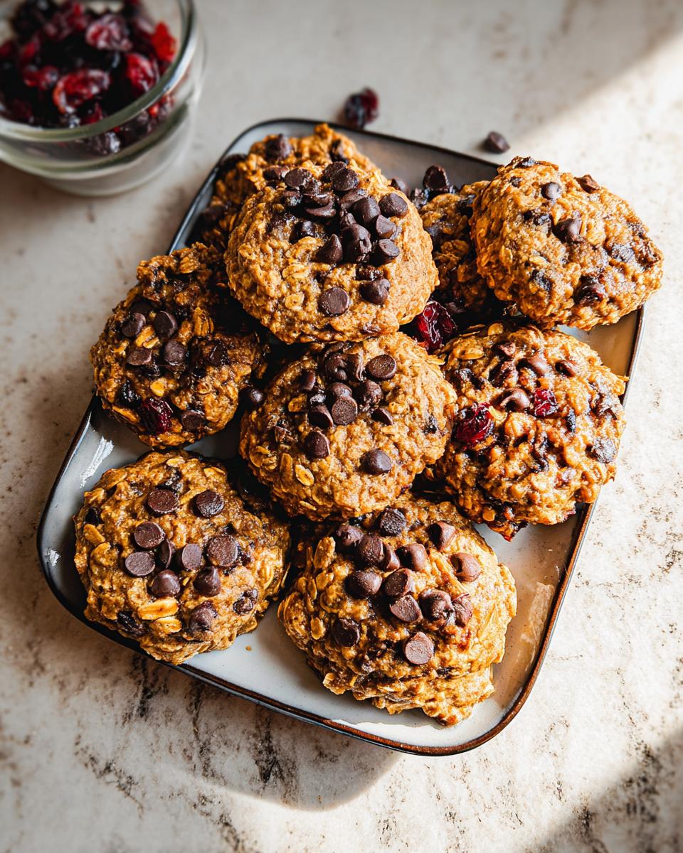 A plate piled high with delicious oatmeal chocolate chip cookies, perfect for quick breakfast ideas recipes.