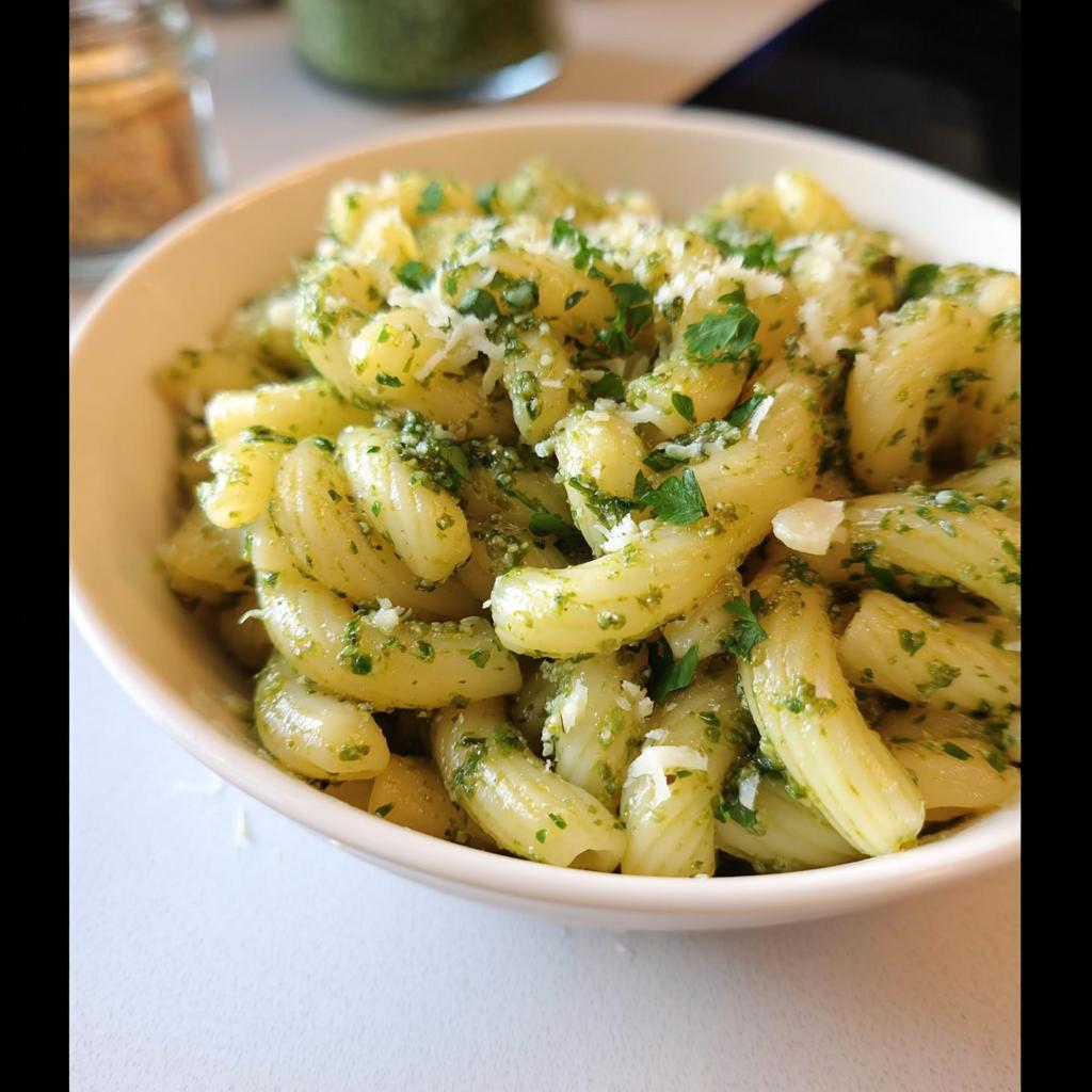 A bowl of pasta with pesto sauce, topped with grated cheese and parsley. Part of our Pasta Recipes in 10 Minutes series.