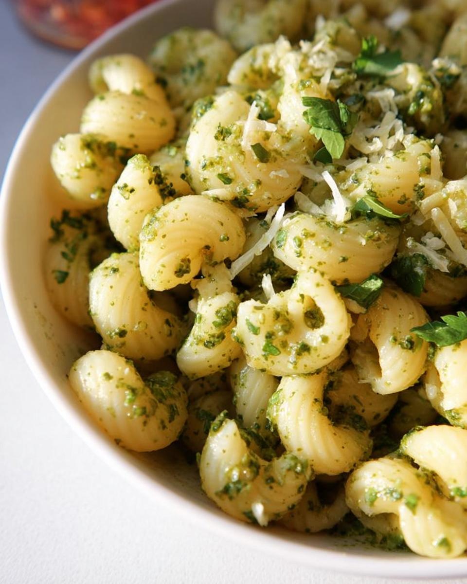 Close-up of a bowl of pasta with pesto sauce and grated cheese, a perfect example of quick pasta recipes.