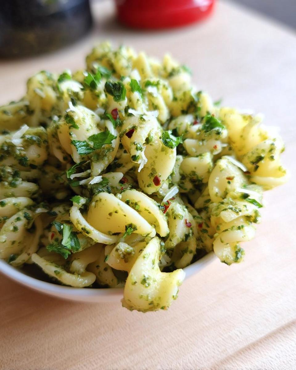 Close-up of a bowl of pasta with pesto, herbs, and chili flakes, perfect for quick pasta recipes.