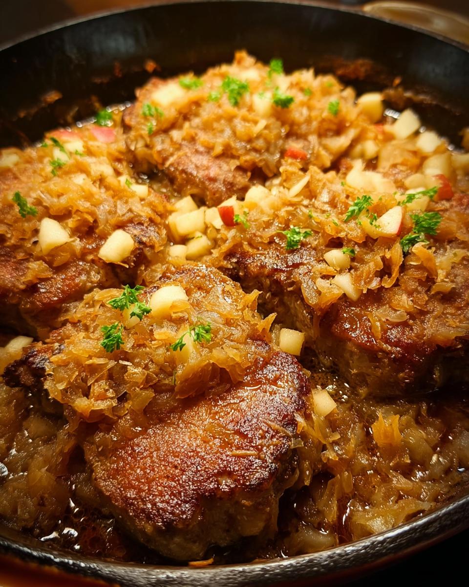 Close-up of tender pork chops smothered in a savory apple and onion topping, perfect for quick pork chops recipes.