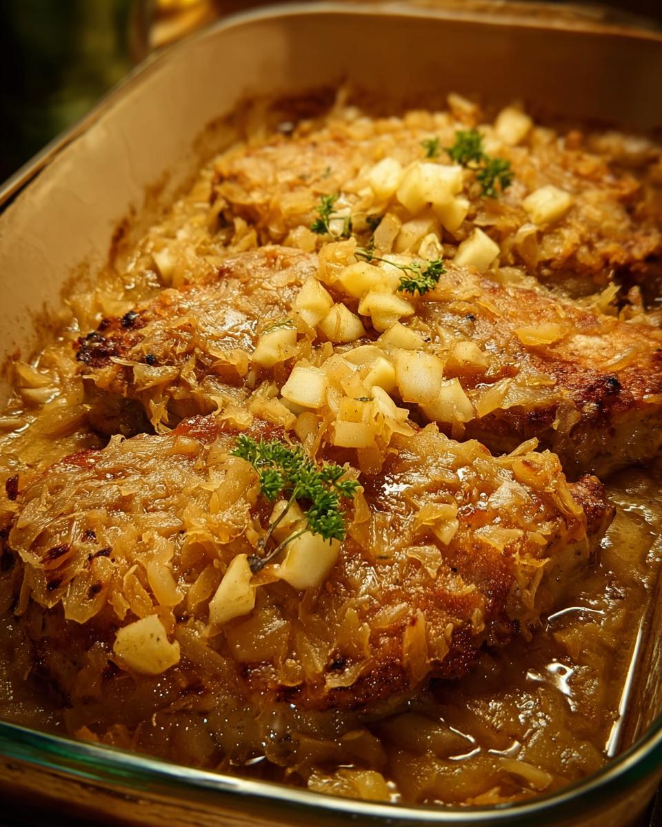 Close-up of baked pork chops smothered in onions and sauce, garnished with parsley. A quick pork chops recipe.