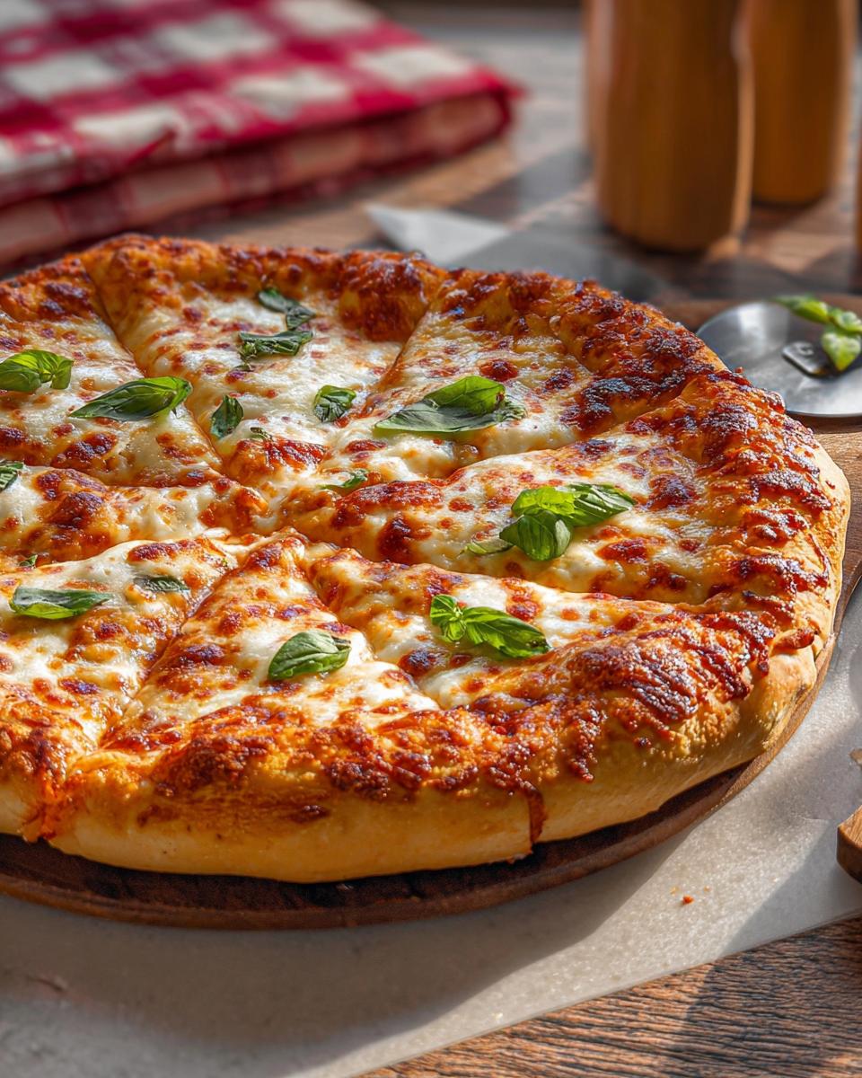 A delicious, freshly baked cheese pizza with melted mozzarella and fresh basil, perfect for restaurant-style pizza night recipes at home.