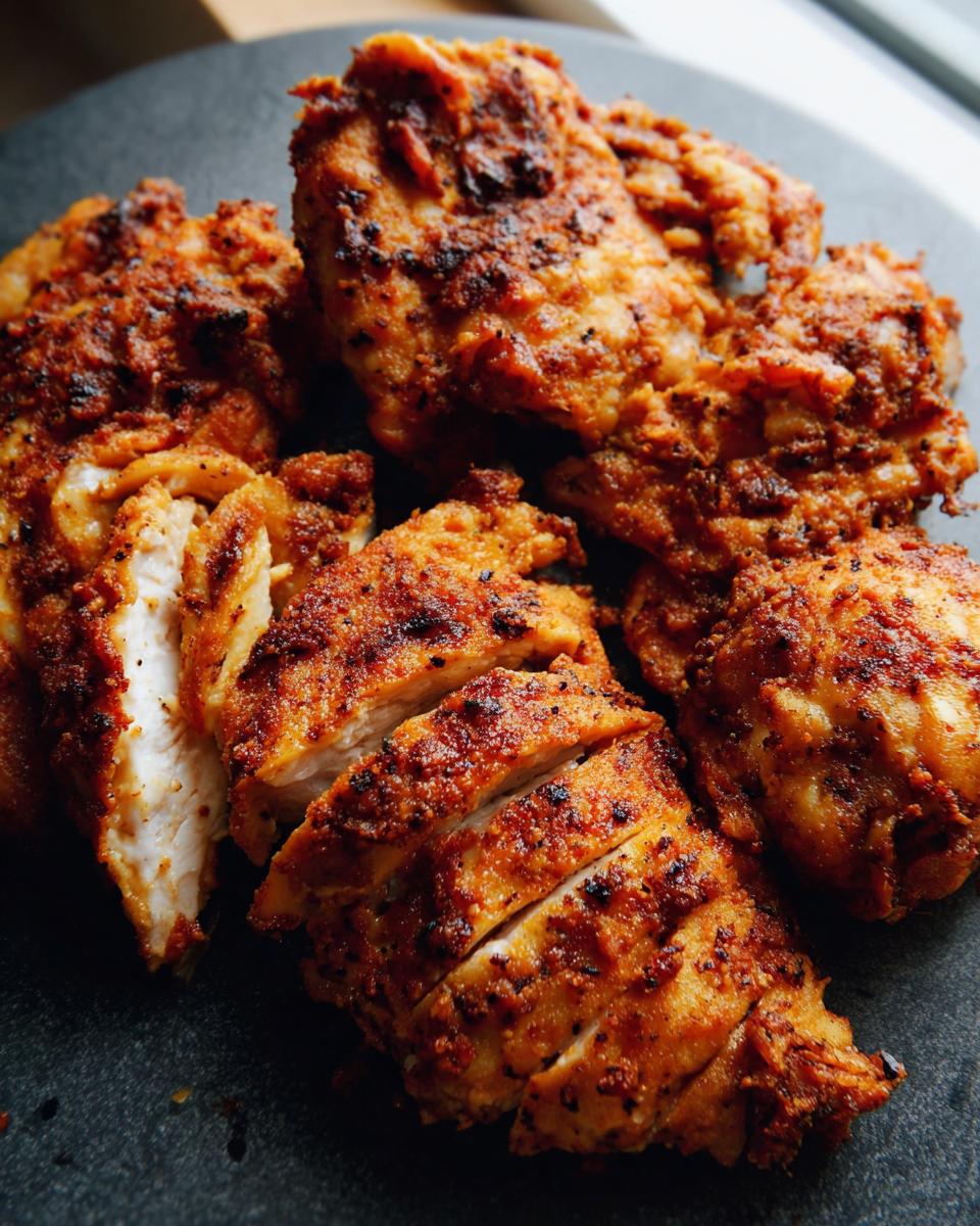 Close-up of juicy, seasoned restaurant-style air fryer chicken breast, sliced to show tender interior.