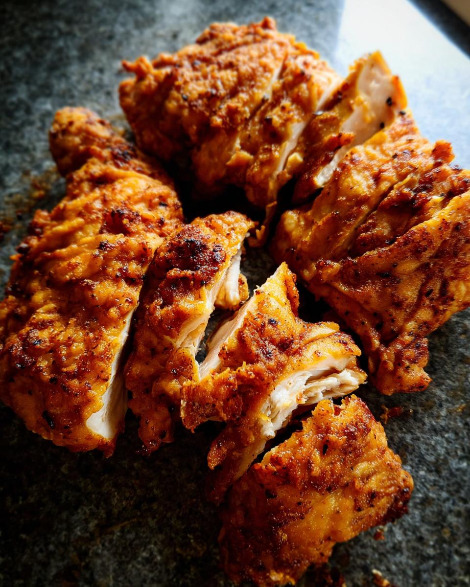 Close-up of crispy, golden-brown restaurant-style air fryer chicken pieces, sliced to show juicy interior.