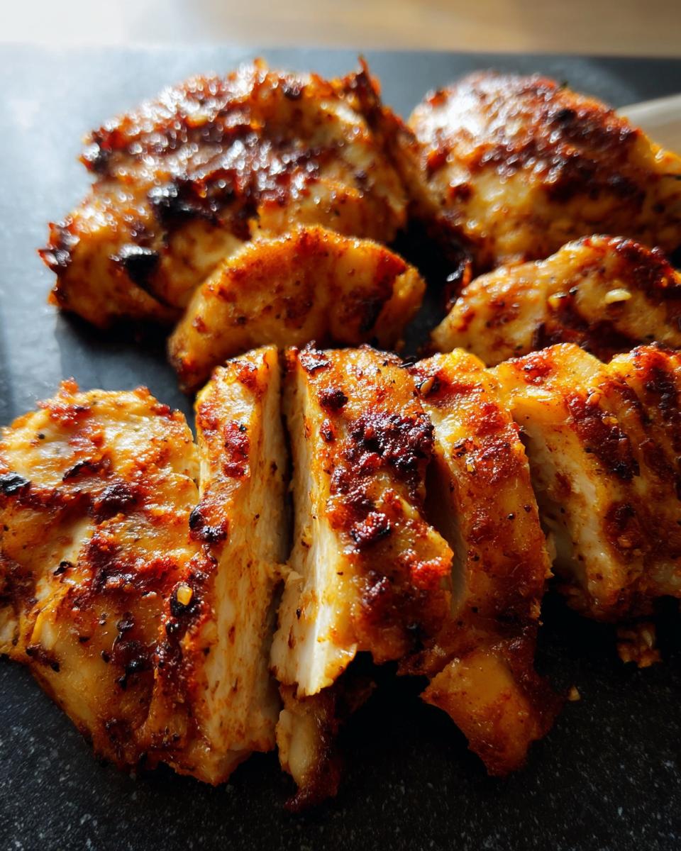 Close-up of sliced restaurant-style air fryer chicken, seasoned and cooked to perfection.