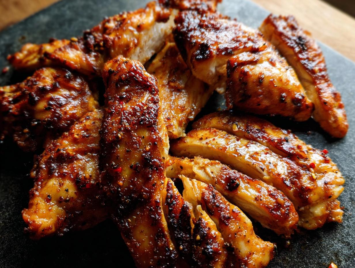 Close-up of juicy, seasoned restaurant-style air fryer chicken slices, perfect for quick meals.