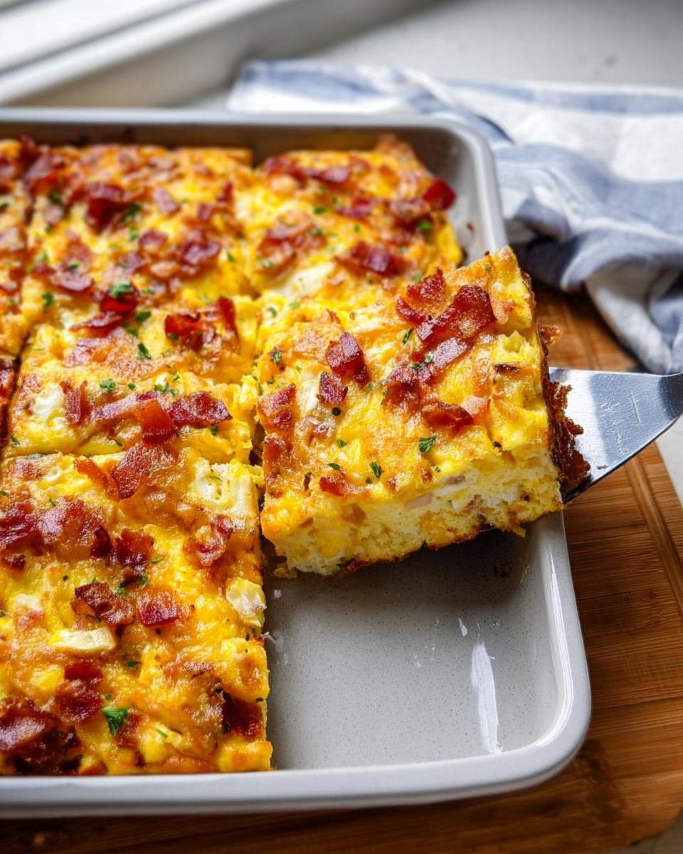 A slice of a hearty breakfast casserole with bacon and eggs, part of Restaurant-Style Breakfast Ideas Recipes at Home.
