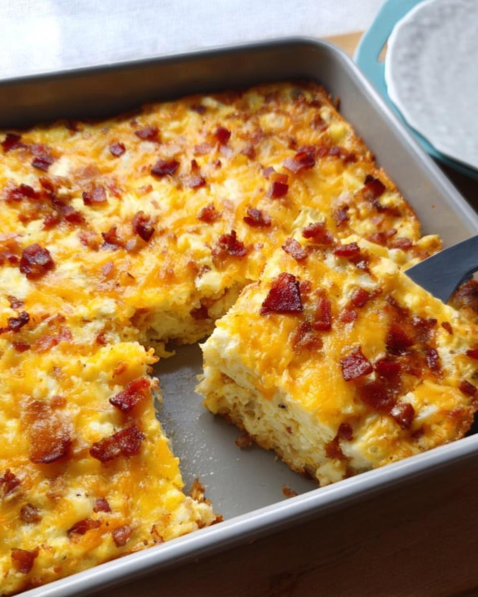 A slice of restaurant-style breakfast casserole with bacon and cheese being lifted from a baking dish.