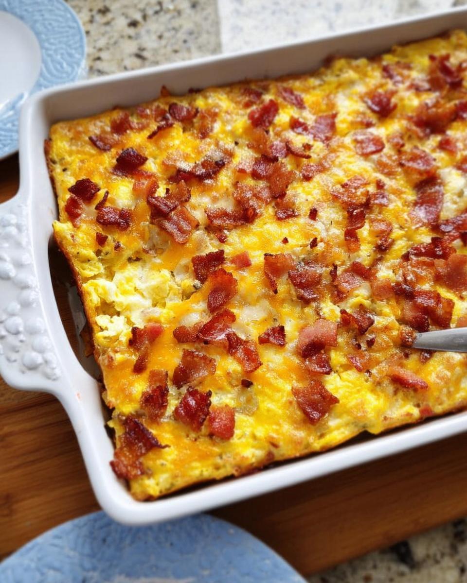 A golden-brown breakfast casserole topped with crispy bacon and melted cheese, a perfect restaurant-style breakfast idea.