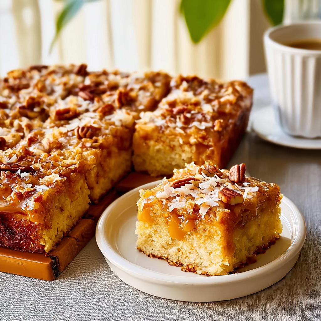 A slice of restaurant-style cake with caramel, pecans, and coconut, served with a cup of coffee.