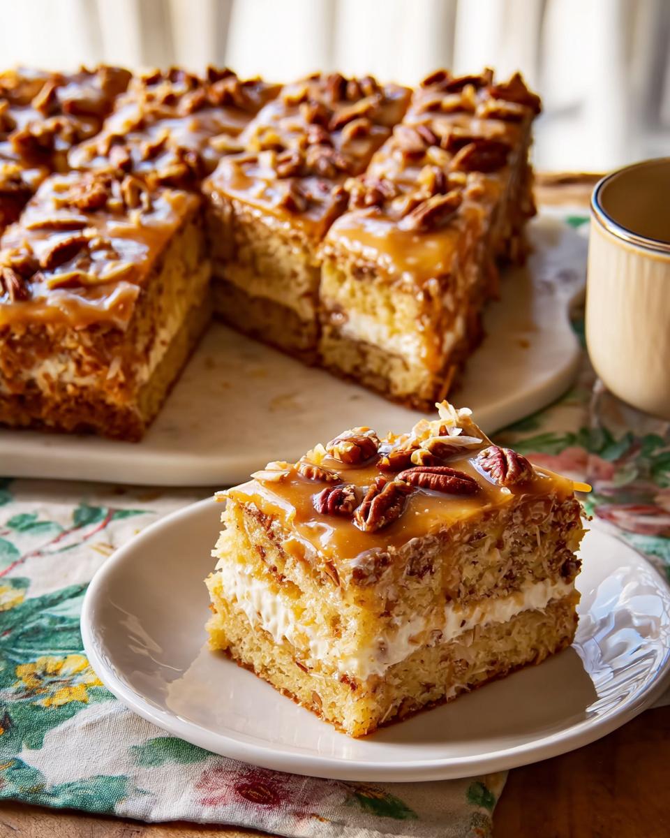A slice of restaurant-style caramel pecan cake with creamy frosting and toasted pecans.