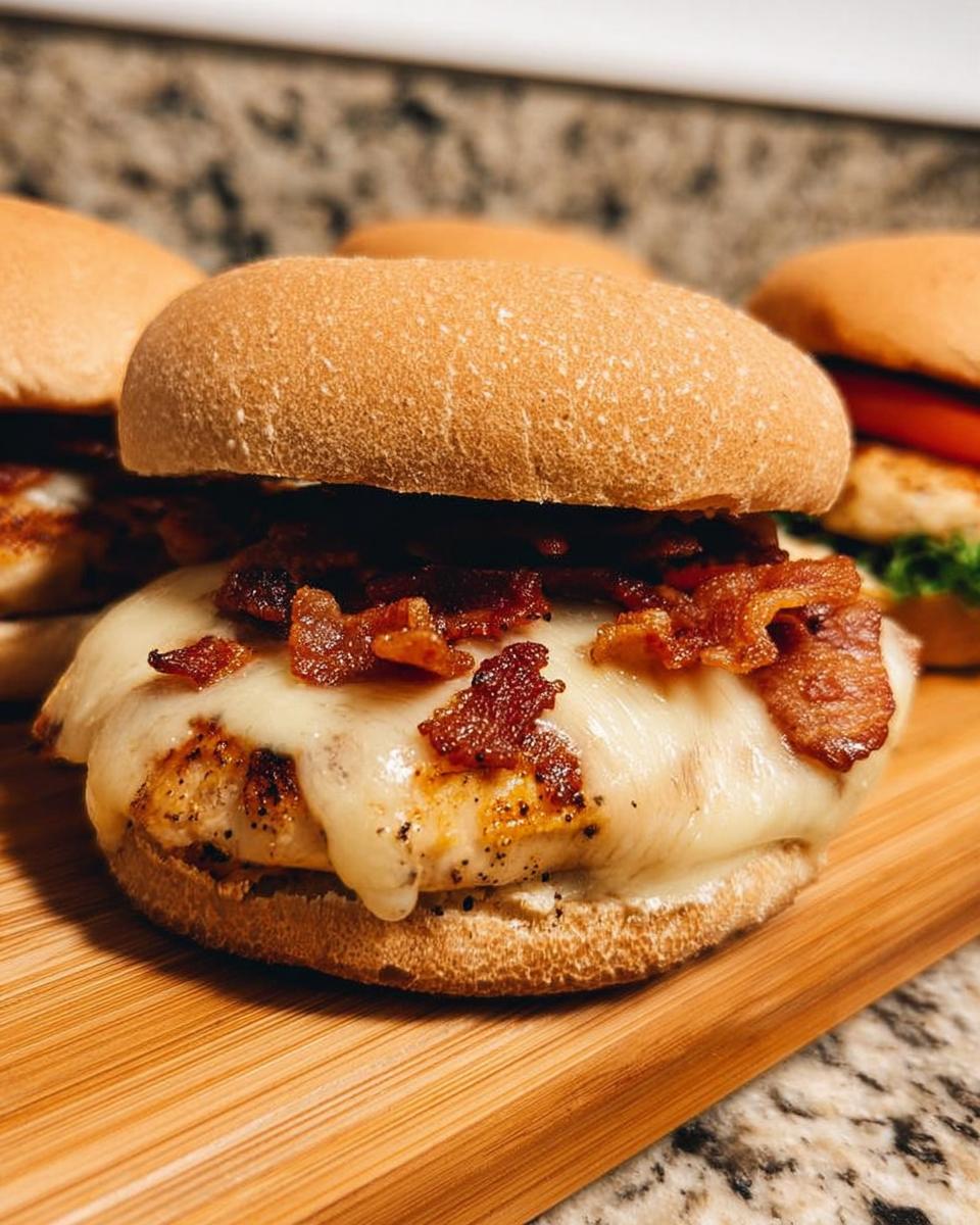 Close-up of a juicy chicken burger with melted cheese and crispy bacon, part of Restaurant-Style Easy Dinner Recipes at Home.
