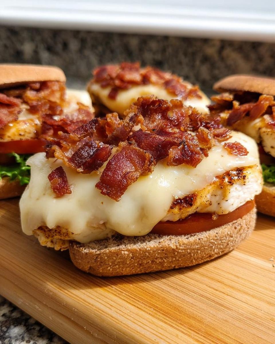 Close-up of a restaurant-style chicken bacon melt sandwich, featuring grilled chicken, melted cheese, crispy bacon, and tomato on a bun.