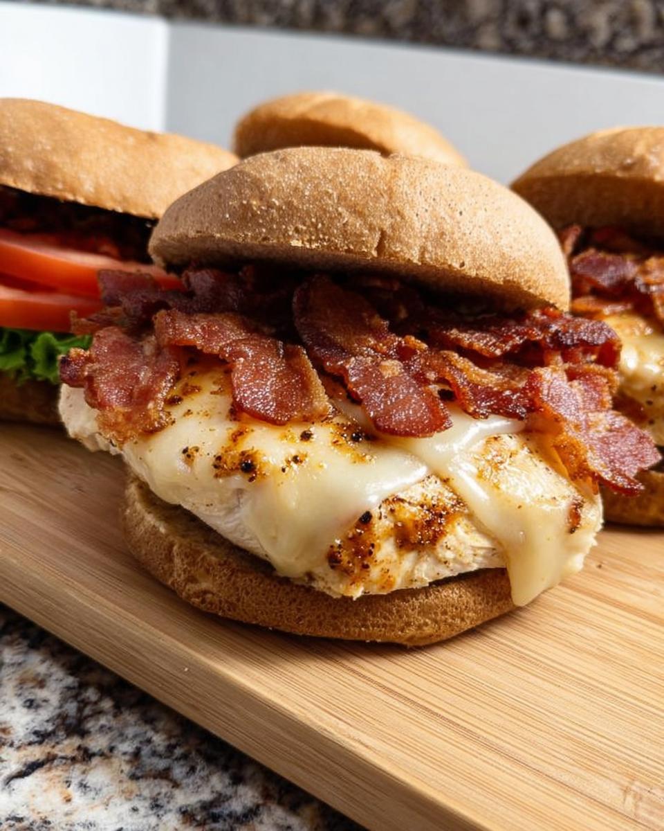 Close-up of a delicious chicken bacon melt sandwich with melted cheese, served on a bun as part of easy dinner recipes at home.