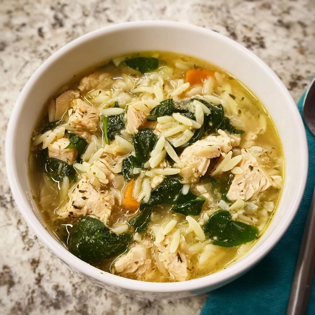 A close-up of a bowl of hearty chicken orzo soup with spinach and carrots, perfect for restaurant-style soup recipes at home.