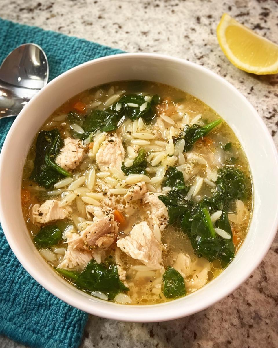 A bowl of delicious chicken orzo soup with spinach, a restaurant-style soup recipe.