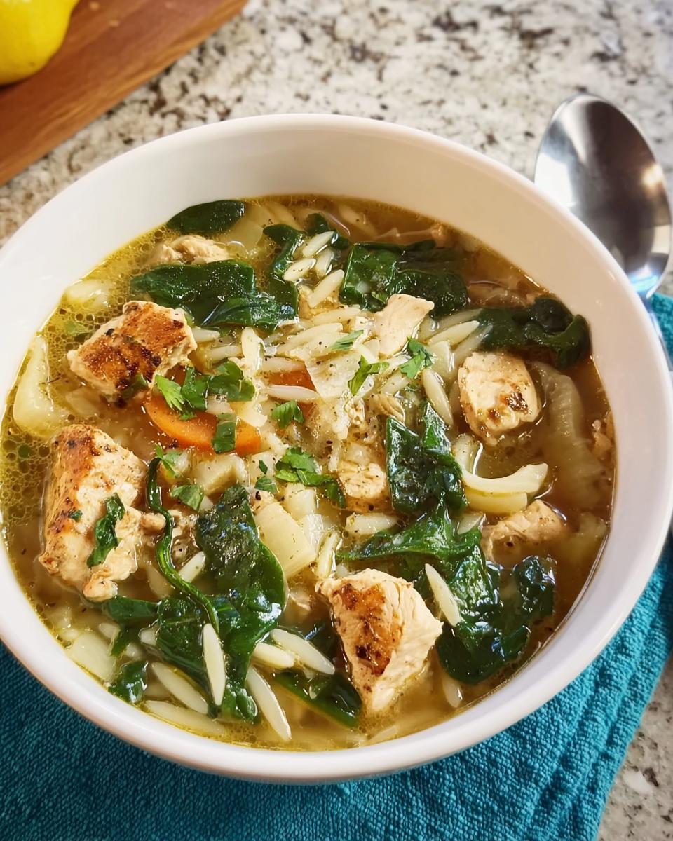 A bowl of hearty chicken orzo soup with spinach and carrots, a perfect example of restaurant-style soup recipes at home.