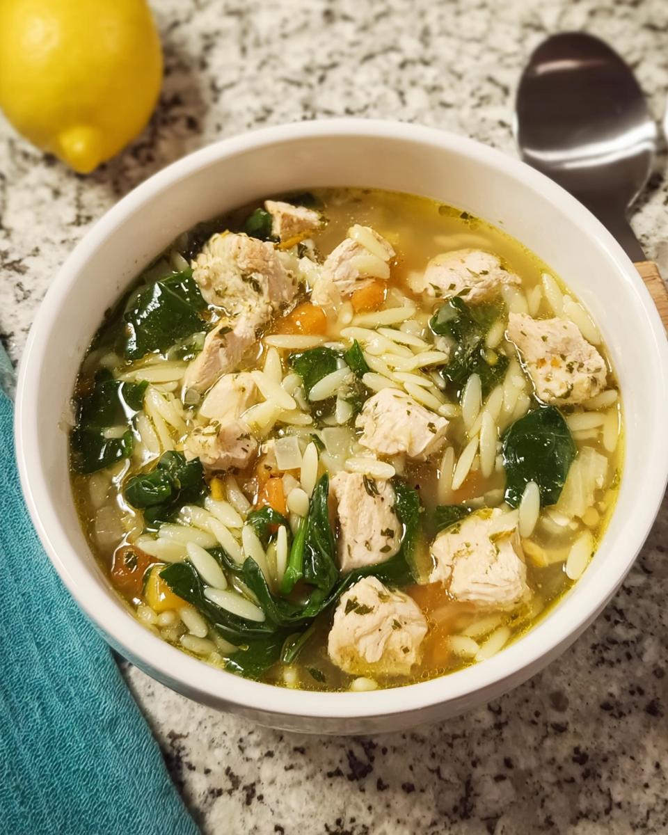 A bowl of restaurant-style chicken orzo soup with spinach and carrots, a perfect example of restaurant-style soup recipes at home.