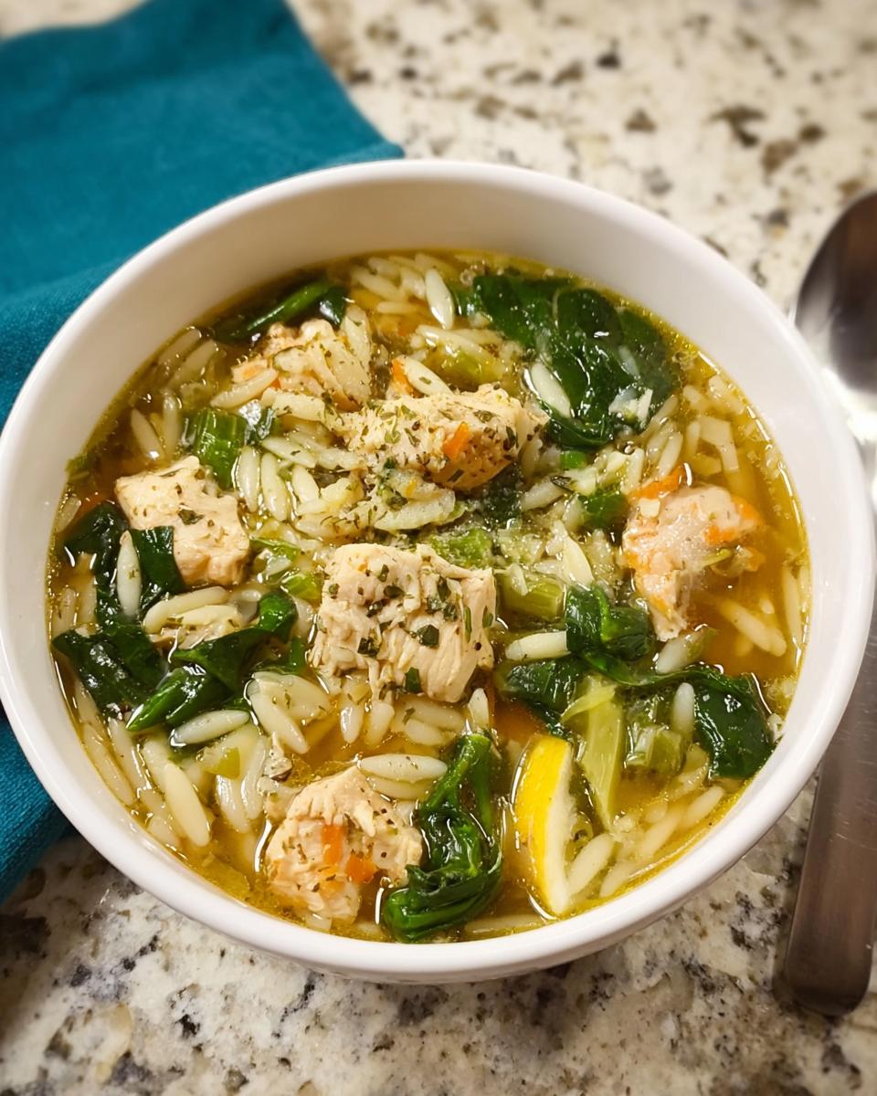A bowl of restaurant-style chicken orzo soup with spinach and lemon, perfect for home cooking.