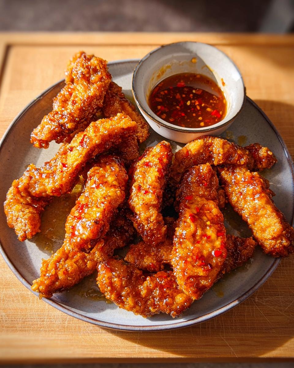 Plate of crispy, glazed chicken strips served with a dipping sauce, perfect for restaurant-style chicken recipes at home.