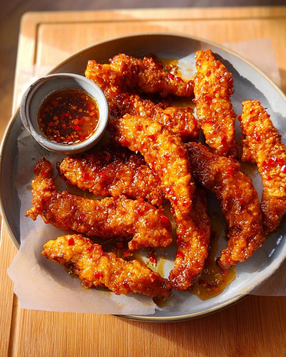 Crispy, glazed chicken strips with chili flakes, served with a dipping sauce. A perfect example of restaurant-style chicken recipes at home.