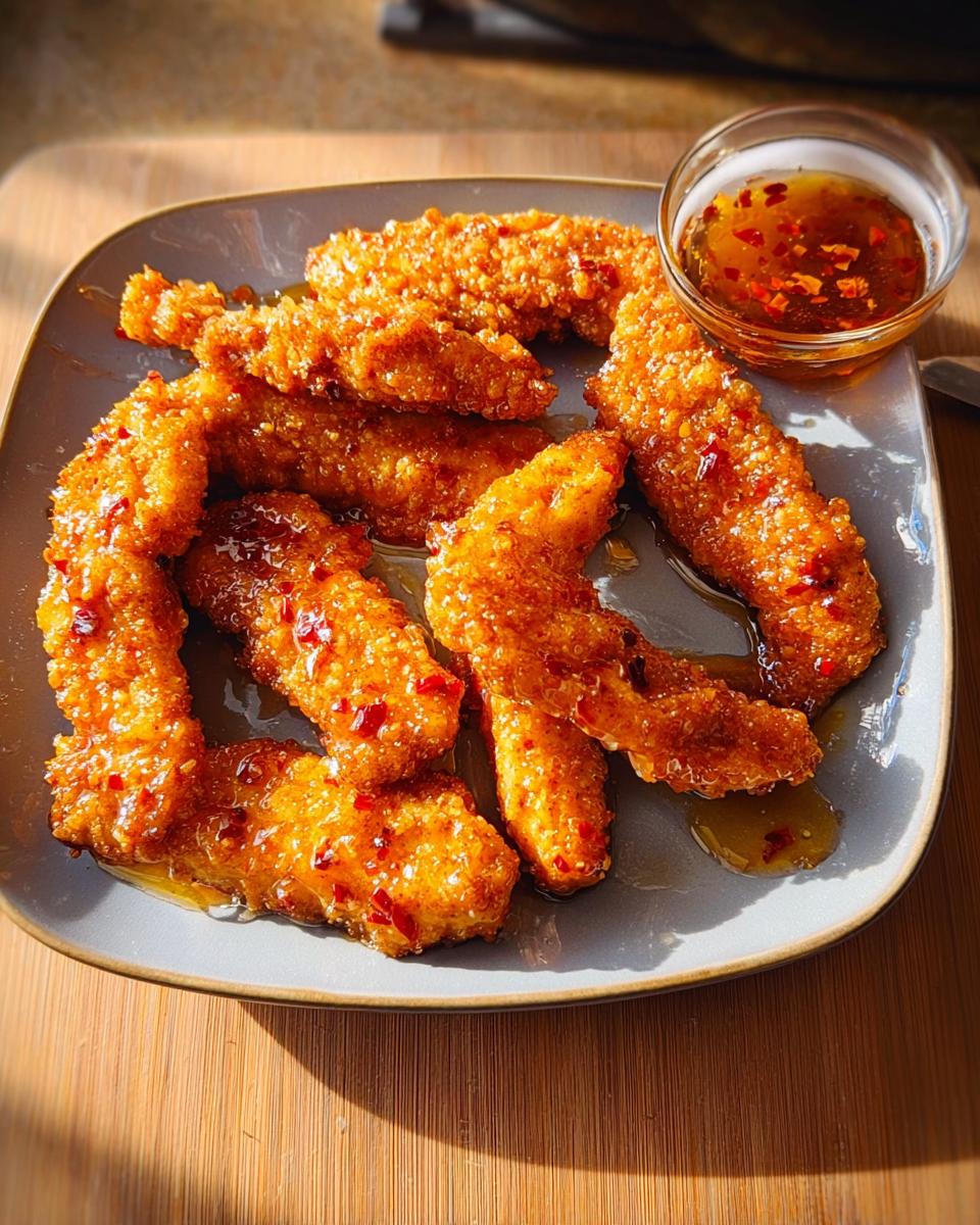 Golden brown crispy chicken strips drizzled with sweet chili glaze, served with a side of dipping sauce. A perfect restaurant chicken recipe at home.