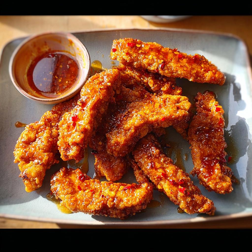 Crispy, glazed chicken strips with chili flakes, served with a dipping sauce, a perfect example of restaurant-style chicken recipes at home.