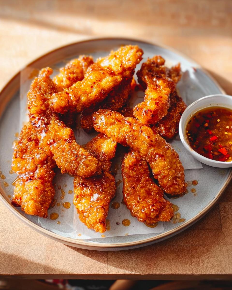 Plate of crispy, glazed chicken tenders served with a side of dipping sauce, showcasing restaurant-style chicken recipes at home.