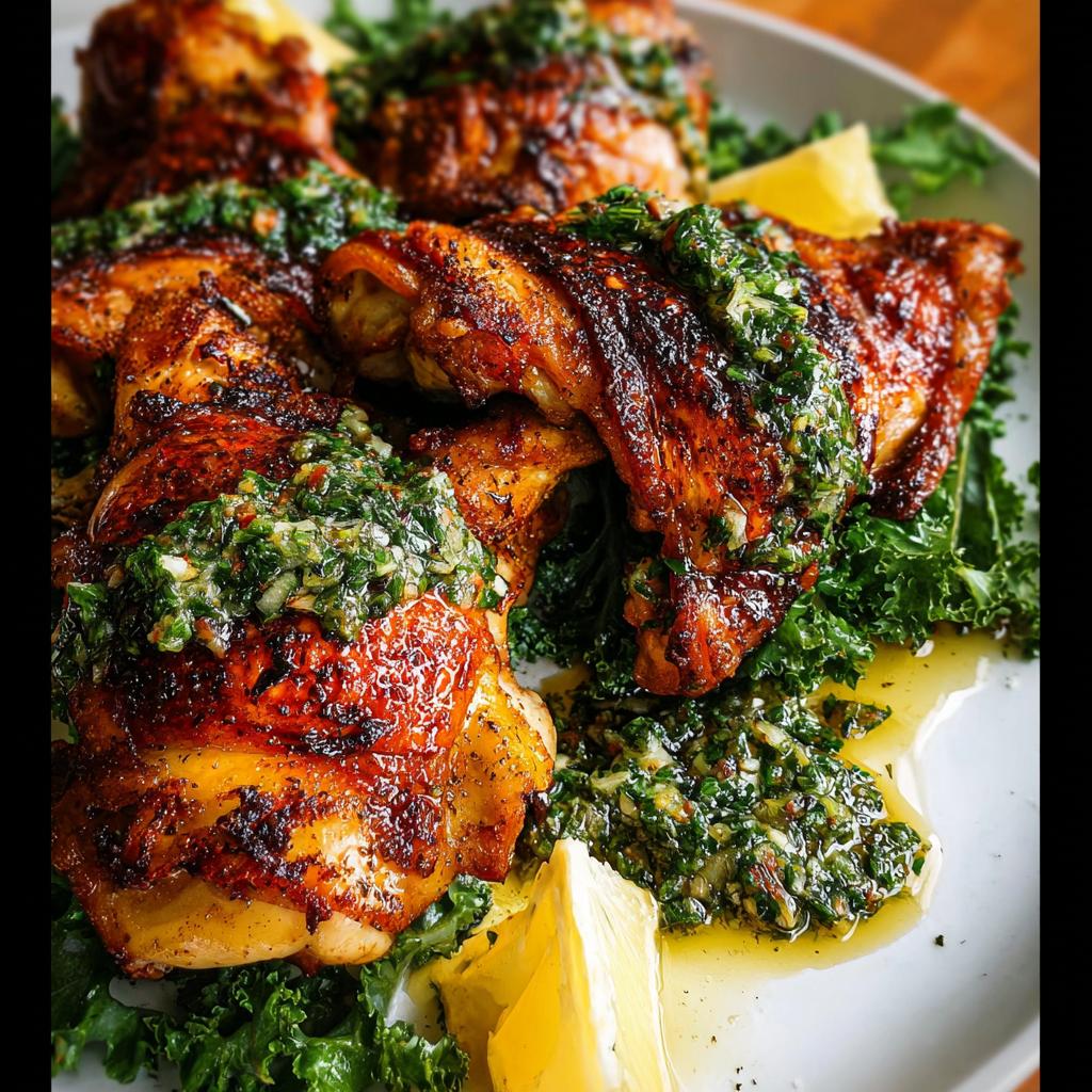 Platter of juicy, pan-seared chicken thighs topped with vibrant gremolata and served over kale, a signature of restaurant-style chicken thigh recipes at home.