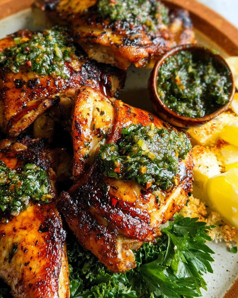 Close-up of juicy, grilled restaurant-style chicken thighs topped with fresh gremolata, served with lemon wedges.