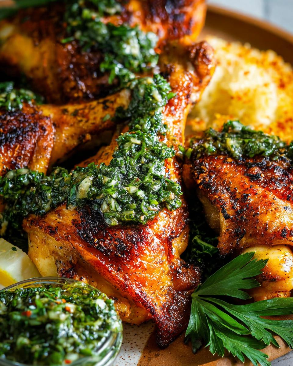 Close-up of juicy, golden-brown restaurant-style chicken thighs topped with fresh gremolata.