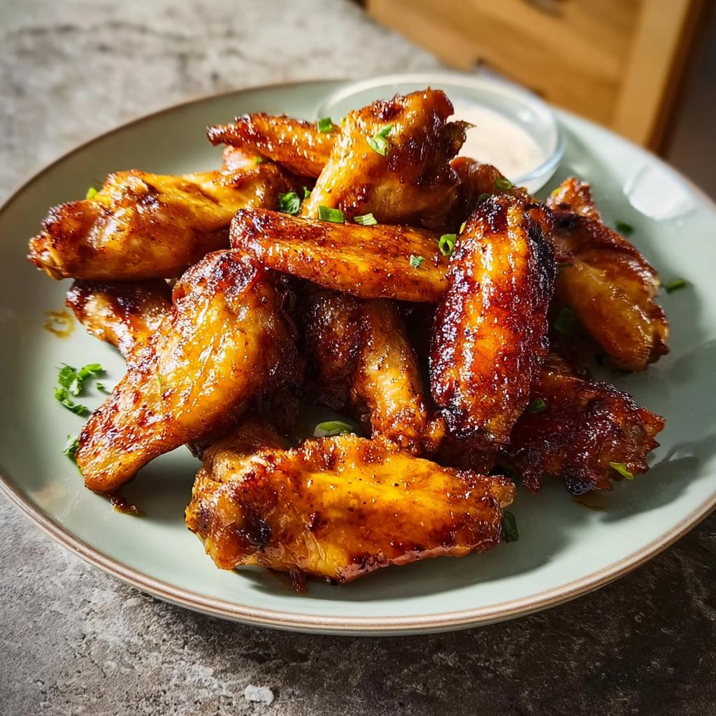 A plate of glistening, golden-brown restaurant-style chicken wings, garnished with chopped green onions, served with a side of dipping sauce.