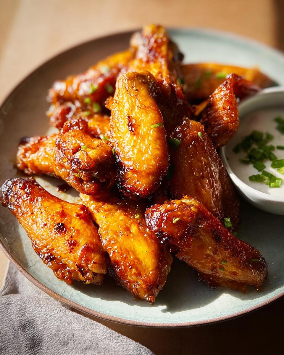 Close-up of glossy, golden-brown restaurant-style chicken wings with chives, served with a side of dipping sauce.