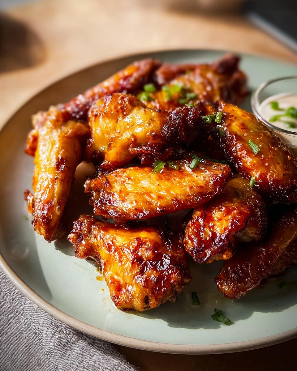 Close-up of glossy, golden-brown restaurant-style chicken wings with chives, served on a plate with a side of dipping sauce.
