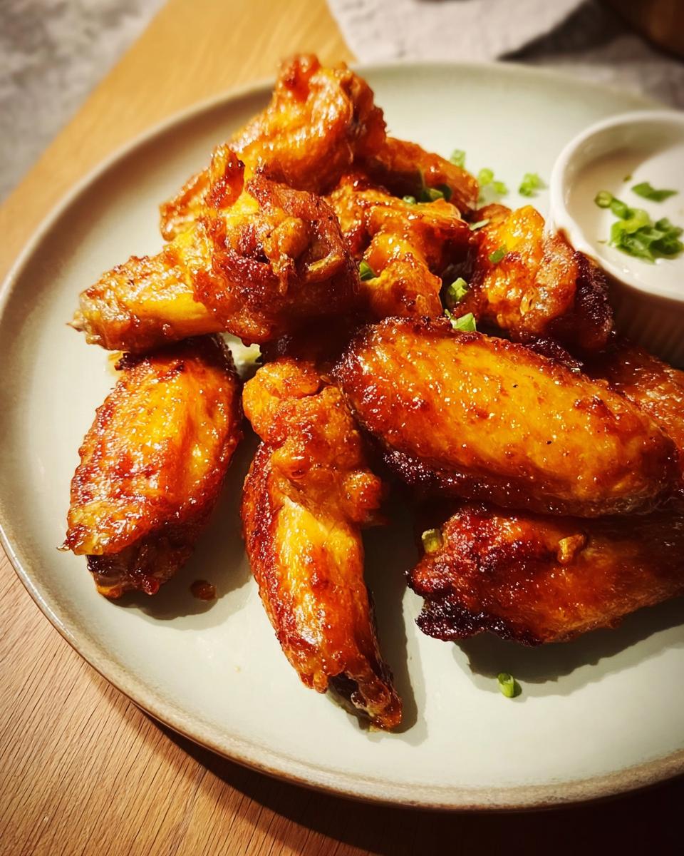 A plate of golden-brown, glossy restaurant-style chicken wings, garnished with chopped green onions, served with a small dish of dipping sauce.