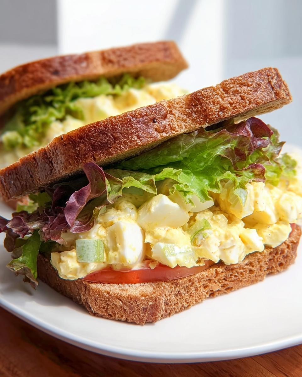 A delicious restaurant-style egg salad sandwich with whole wheat bread, lettuce, tomato, and creamy egg salad filling.