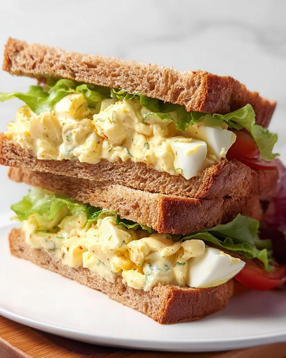 A stacked egg salad sandwich with lettuce and tomato on whole wheat bread, part of Restaurant-Style Sandwich Ideas Recipes at Home.