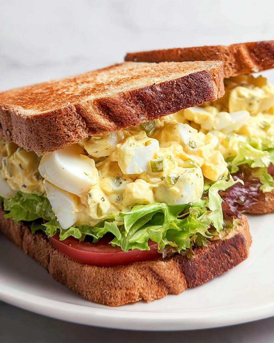 A close-up of a restaurant-style egg salad sandwich with toasted whole wheat bread, lettuce, tomato, and creamy egg salad.
