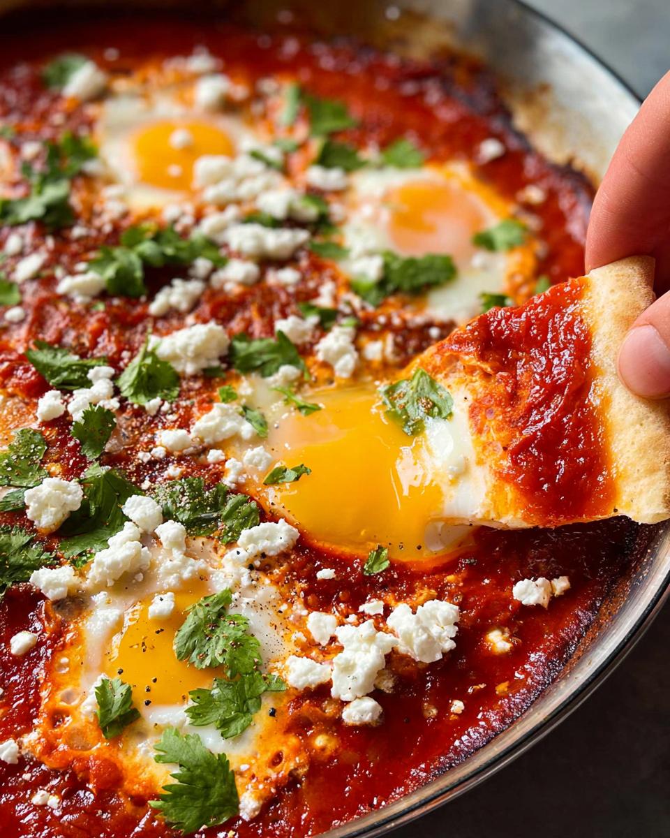 A hand dipping bread into a pan of restaurant-style eggs baked in a rich tomato sauce, topped with feta and cilantro.