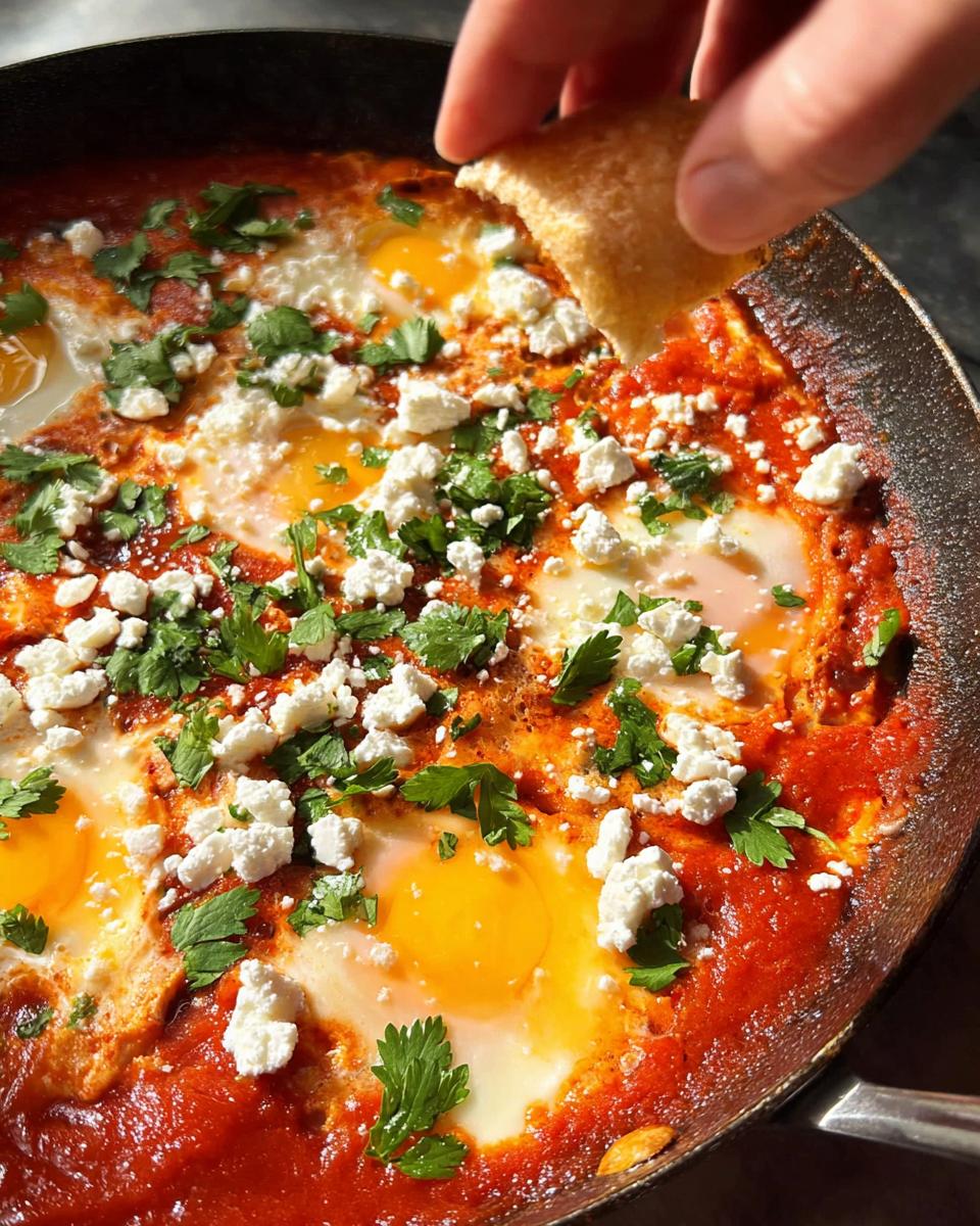 Close-up of restaurant-style eggs poached in a rich tomato sauce, topped with feta and parsley, with a piece of bread dipping in.