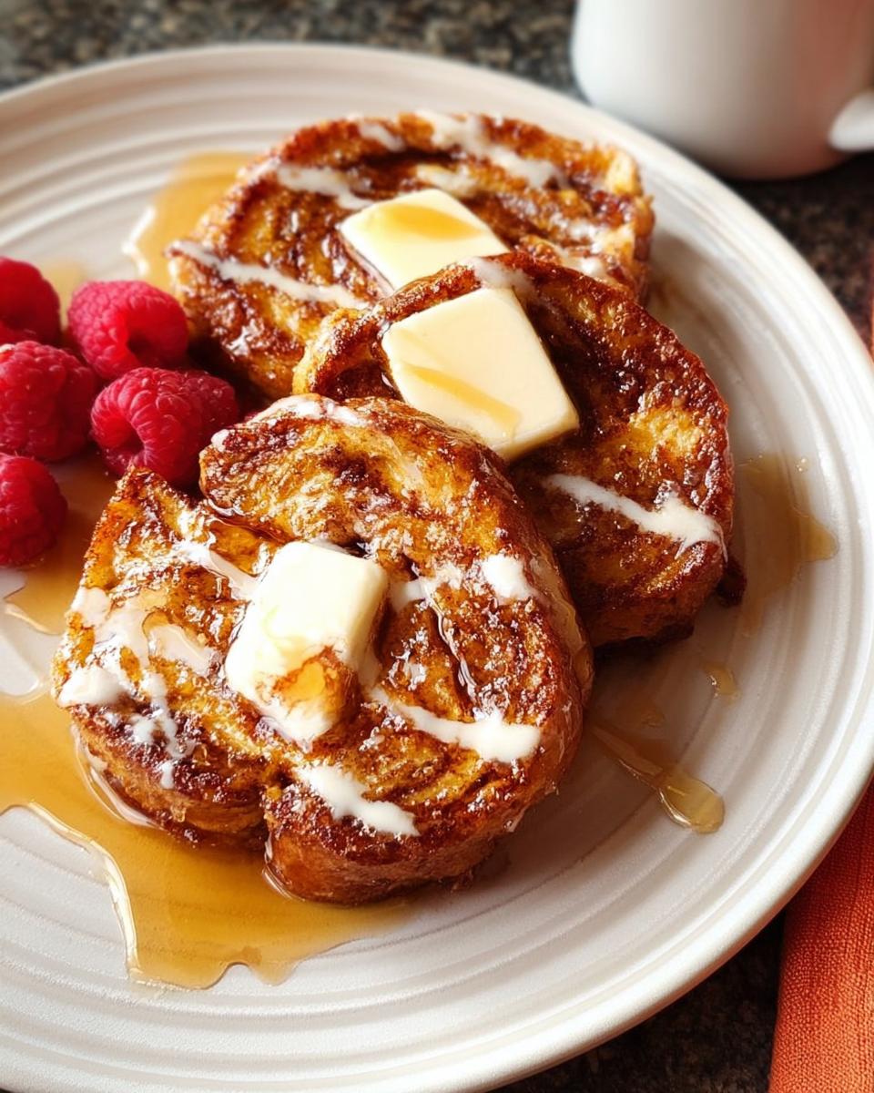 Golden brown French toast slices topped with butter, drizzled with syrup and cream, served with raspberries. A restaurant-style breakfast idea.