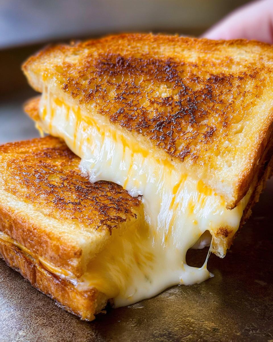 A close-up of two halves of a restaurant-style grilled cheese sandwich, with melted cheese oozing out.