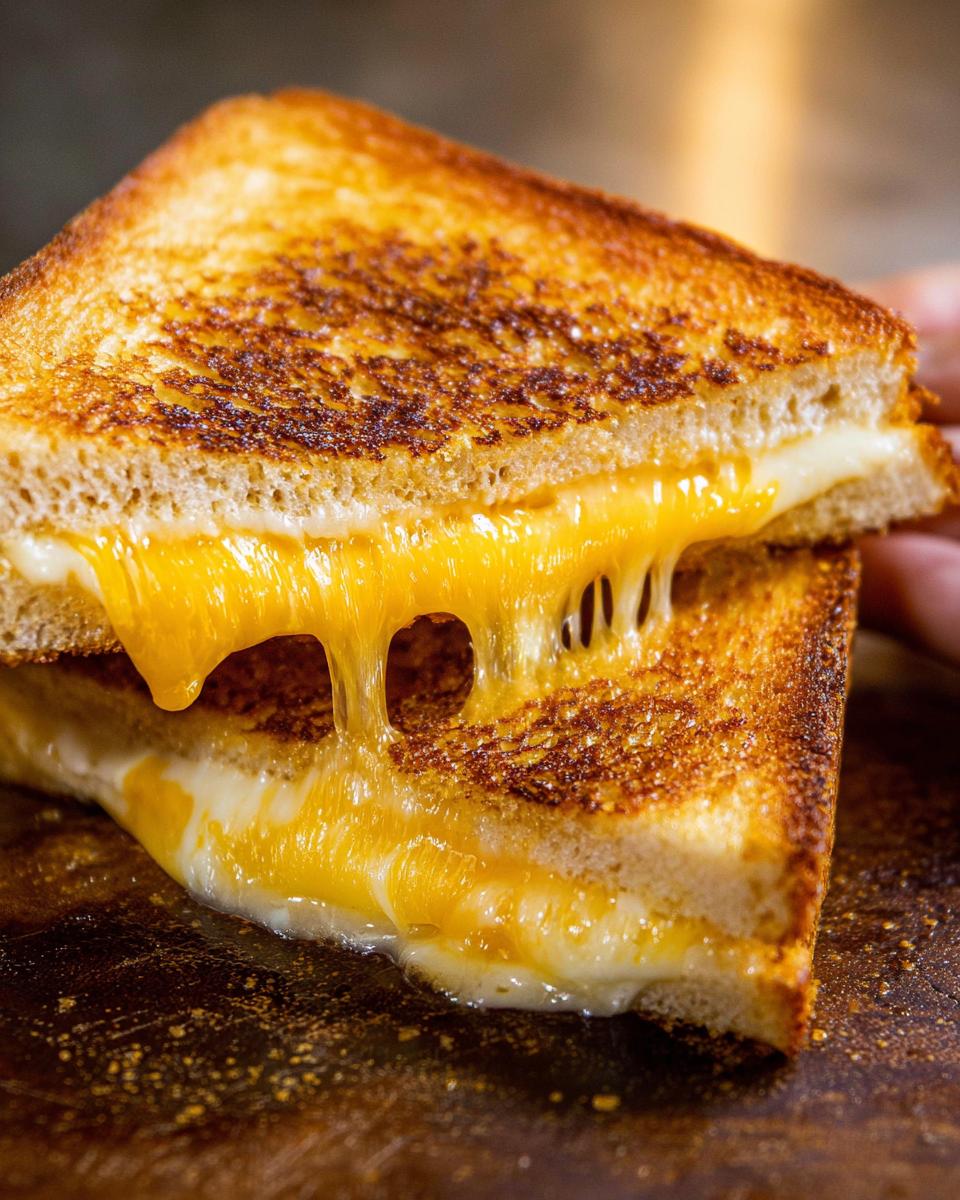 A perfectly grilled cheese sandwich with melted cheese oozing out, showcasing restaurant-style grilled cheese recipes at home.