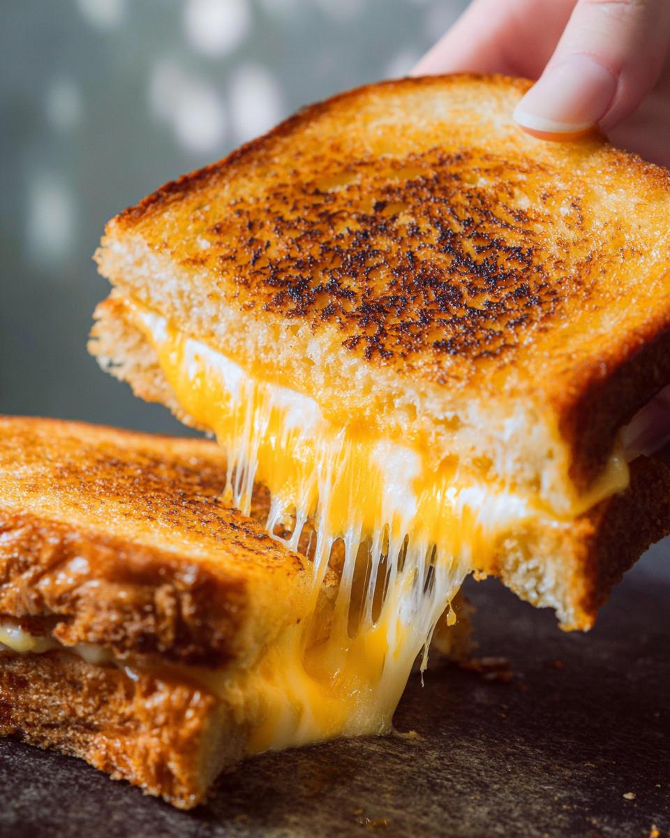 A hand pulls apart a perfectly grilled cheese sandwich, revealing strings of melted cheese, a classic restaurant-style grilled cheese recipe.