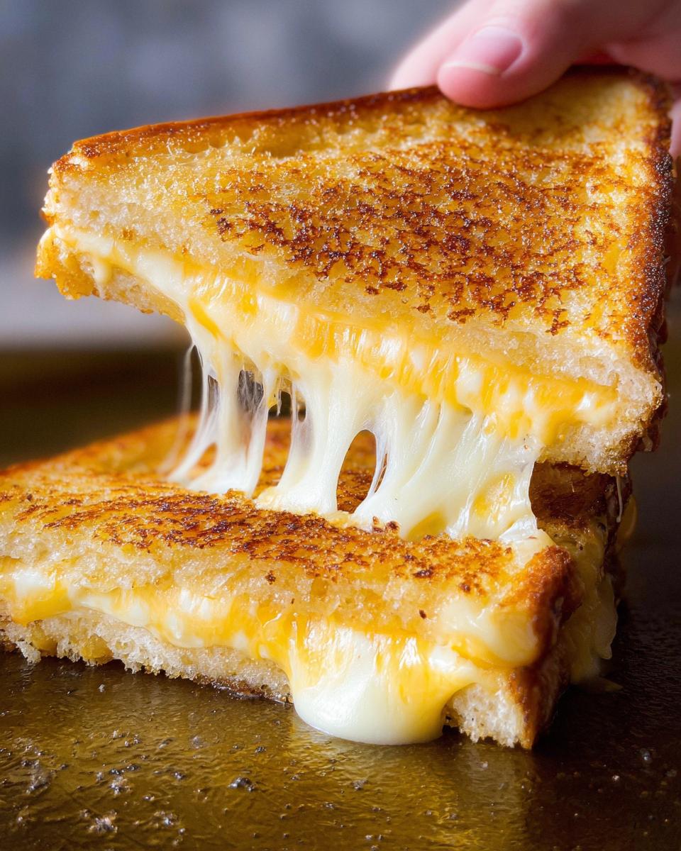 A perfectly grilled cheese sandwich with gooey, melted cheese stretching between two halves.