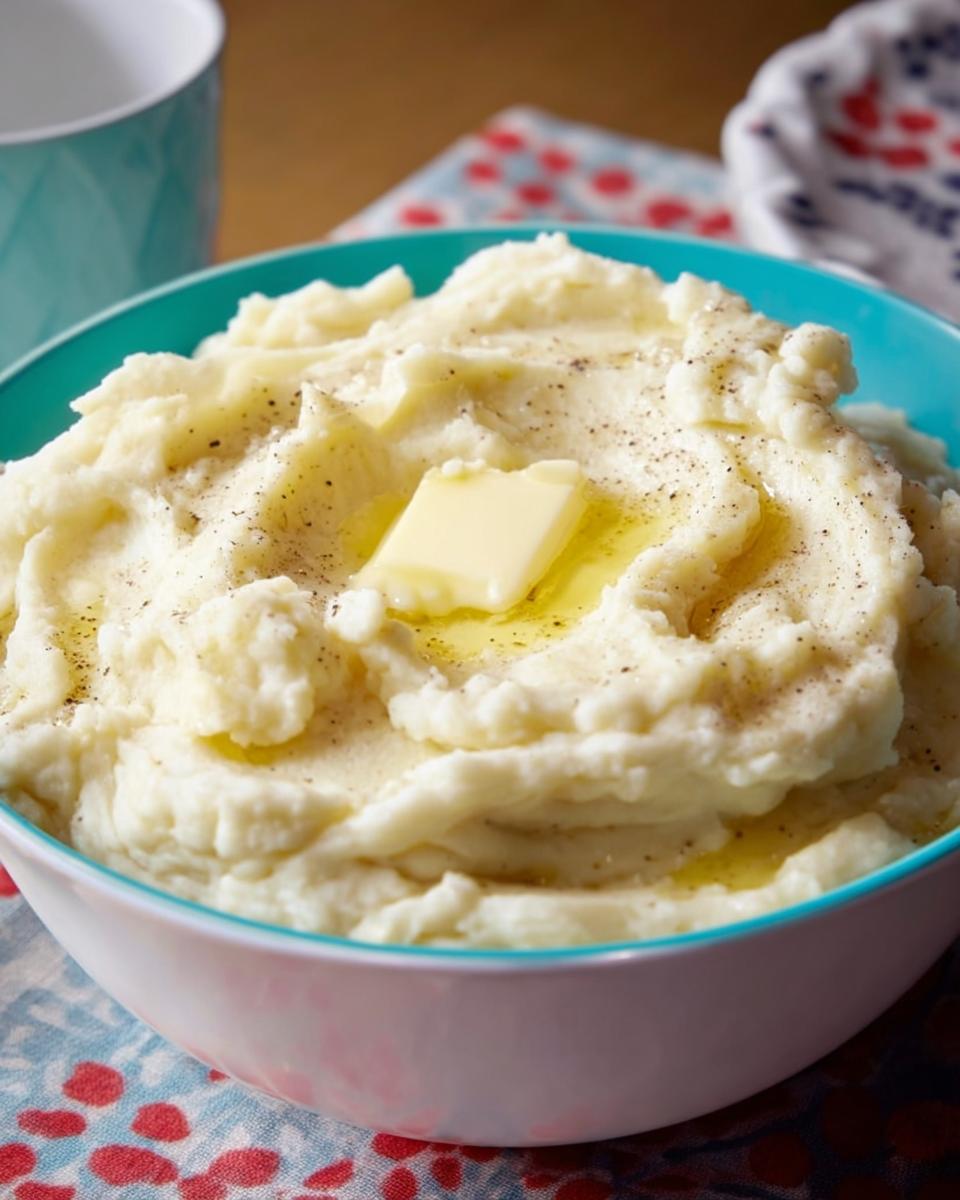 A bowl of creamy Restaurant-Style Mashed Potatoes topped with a pat of melting butter and black pepper.