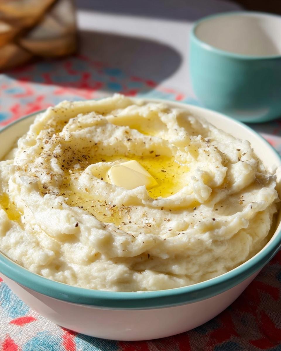 A close-up of fluffy restaurant-style mashed potatoes topped with melted butter and black pepper.
