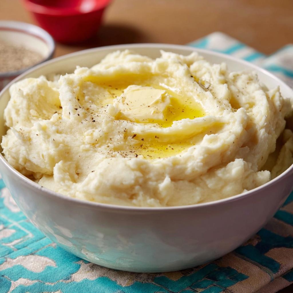 A bowl of creamy restaurant-style mashed potatoes topped with melting butter and black pepper.