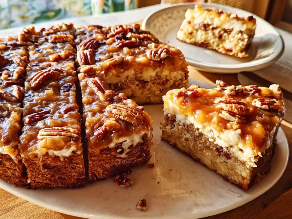 A slice of restaurant-style pecan caramel cake with a creamy frosting and rich caramel topping.